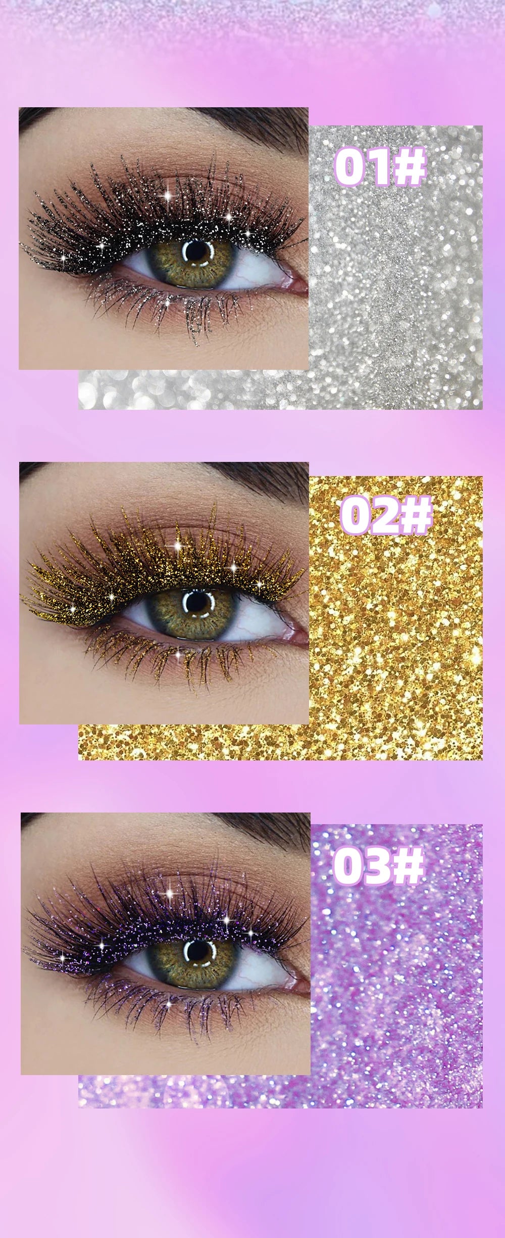 Three close-up images of eyes with different glittery eyelashes on a colorful background.