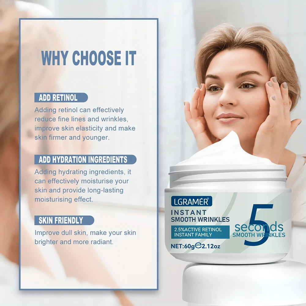 Lamer skincare product with text on why choose it, featuring a woman applying cream.