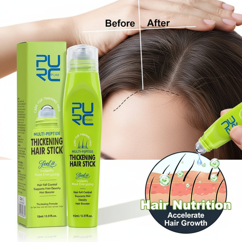 Green hair thickening product with packaging and 'Before'/'After' comparison on a light green background.