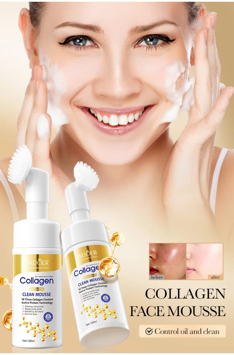 Collagen face mousse with a woman applying it, featuring the brand 'L'Oreal'.