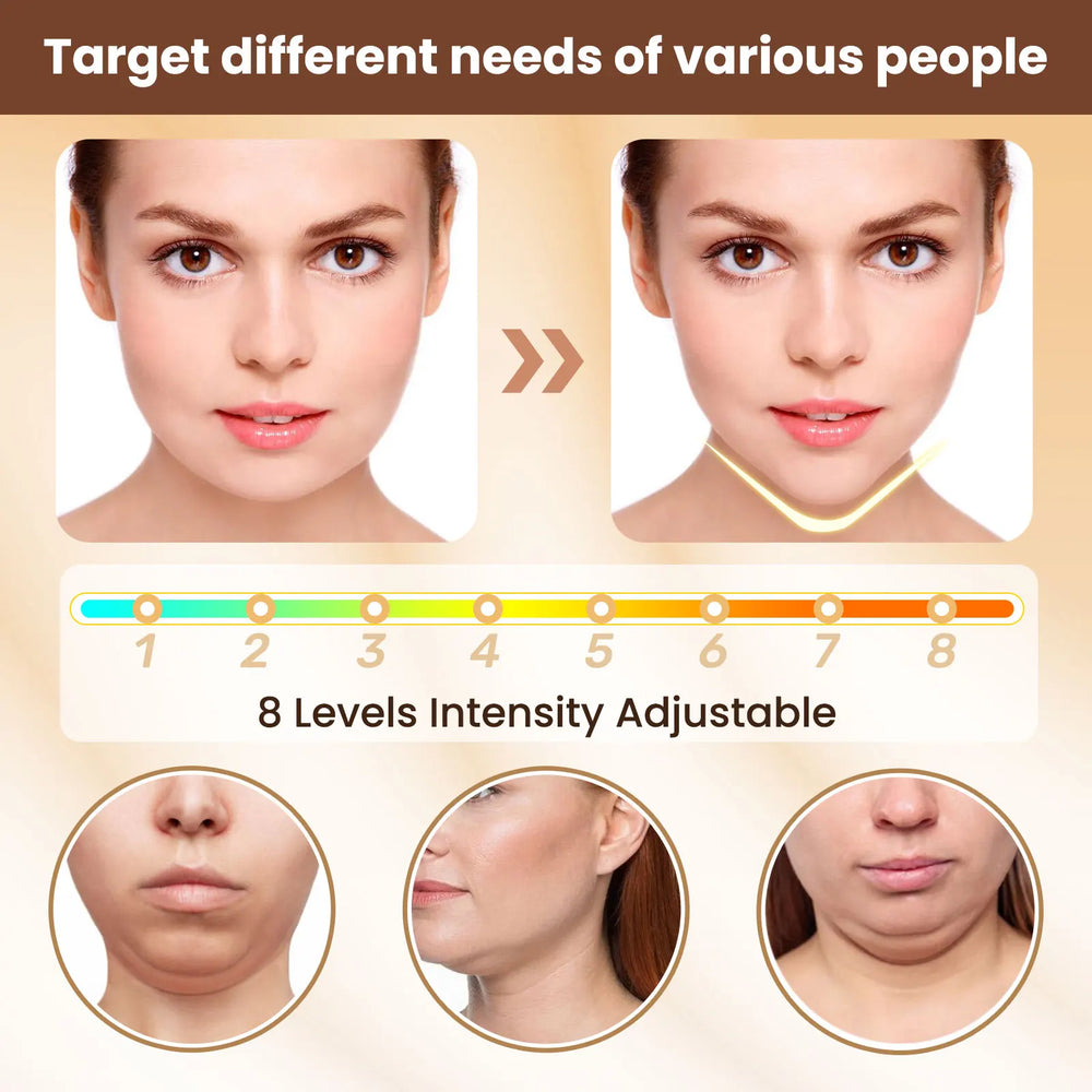 Product advertisement showing a woman's face with different levels of intensity adjustment on a beige background.