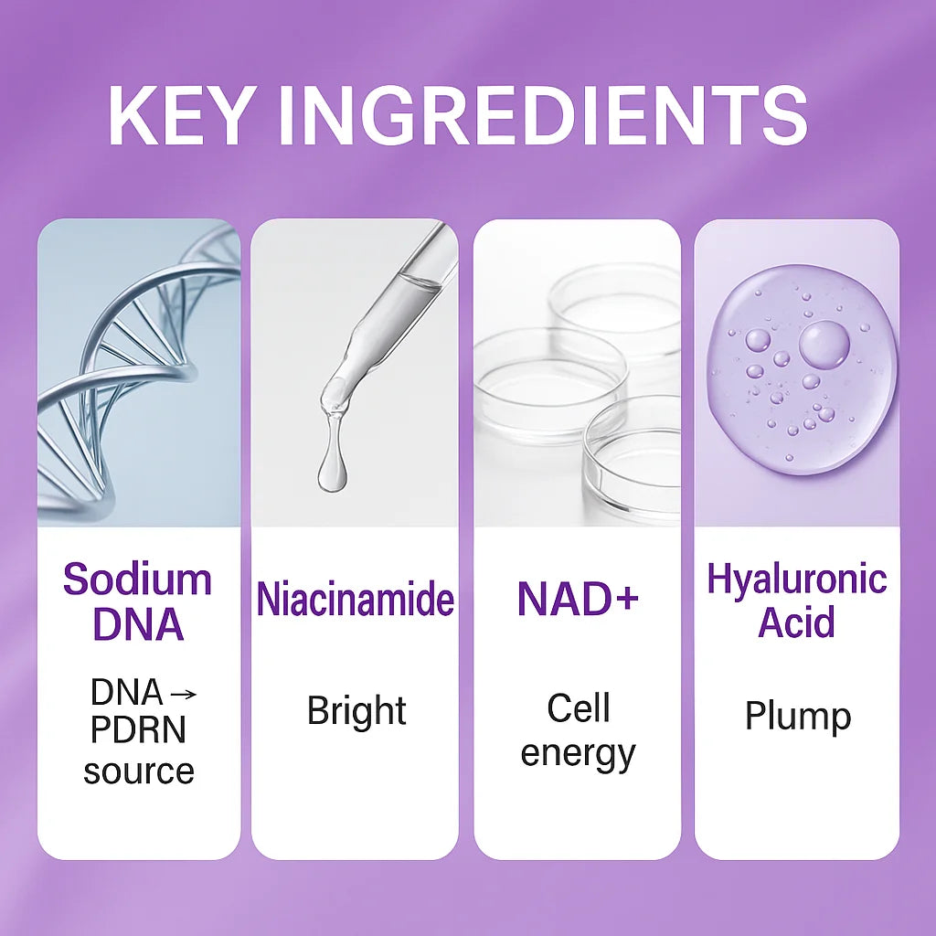 Key ingredients of a skincare product on a purple background