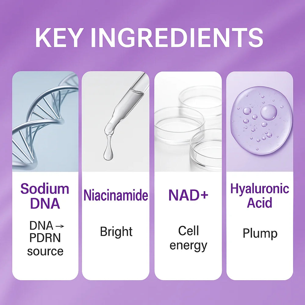 Key ingredients of a skincare product on a purple background
