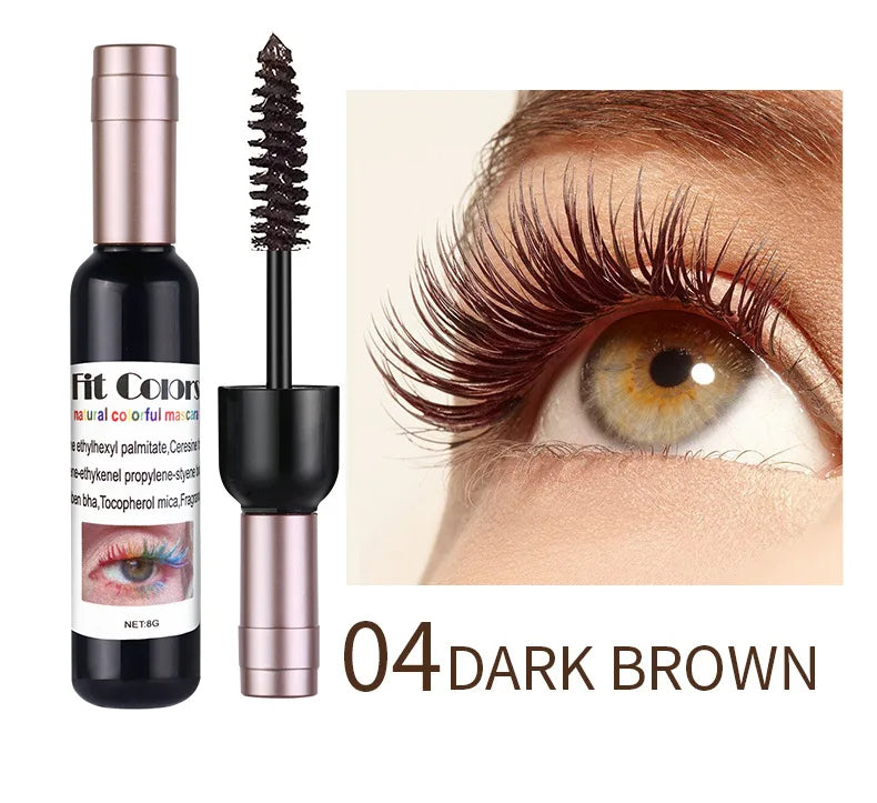 Brow mascara with bottle and applicator, shown on an eye wearing the product.