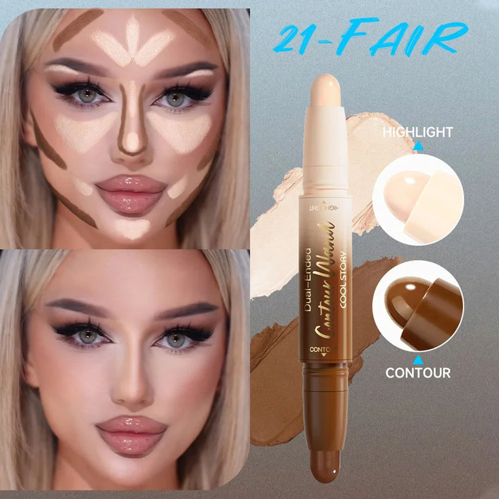 2-in-1 Double Head Highlighter & Contour Stick – Glitter Brightening Concealer Pen for Long Lasting Three-Dimensional Face Makeup