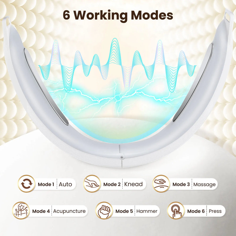 Massage device with colorful display and text '6 Working Modes' on a beige background