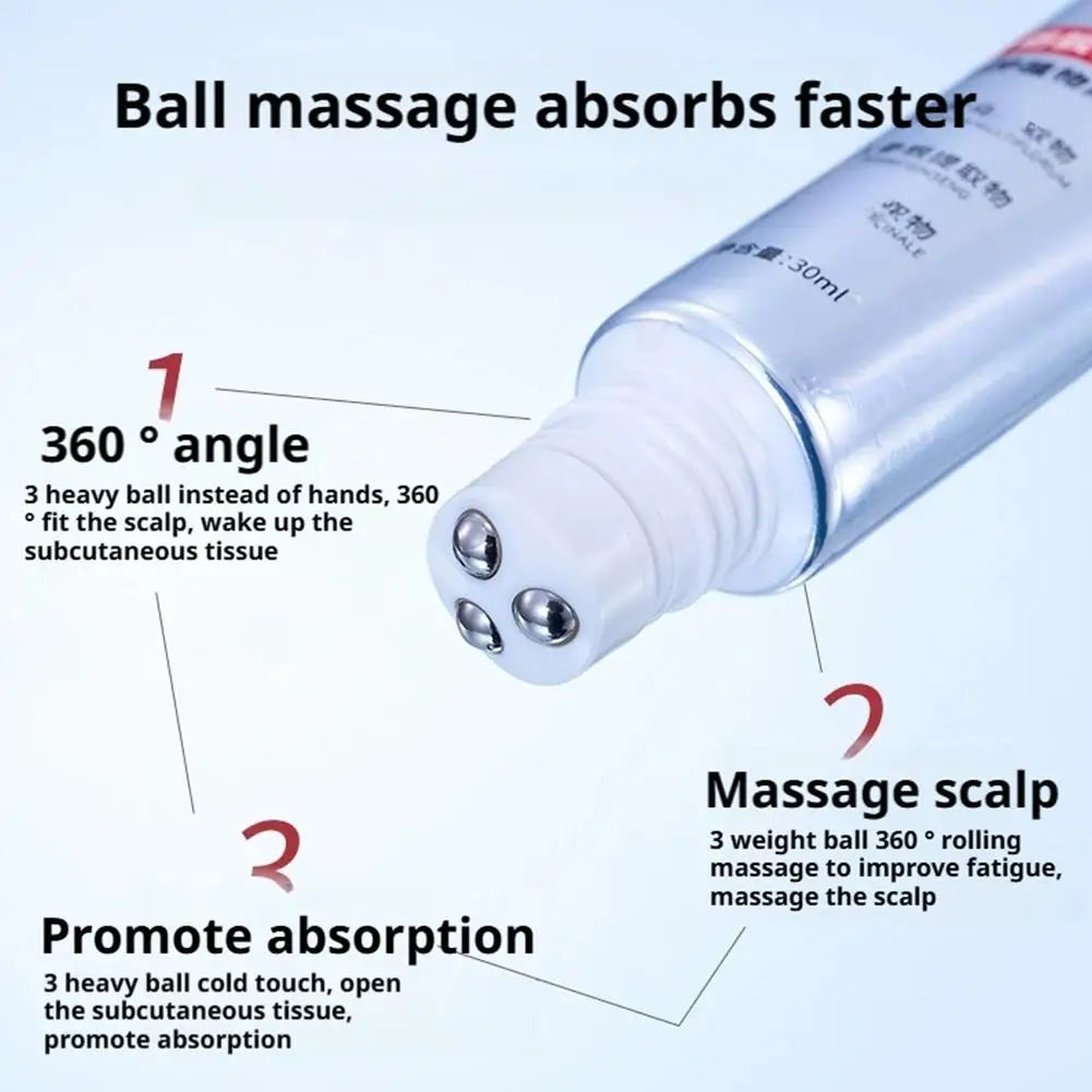 Product packaging with text highlighting features like 360-degree angle and massage scalp benefits.