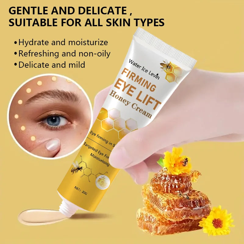 Firming Eye Lift Honey Cream packaging with honeycomb and flowers on a yellow background