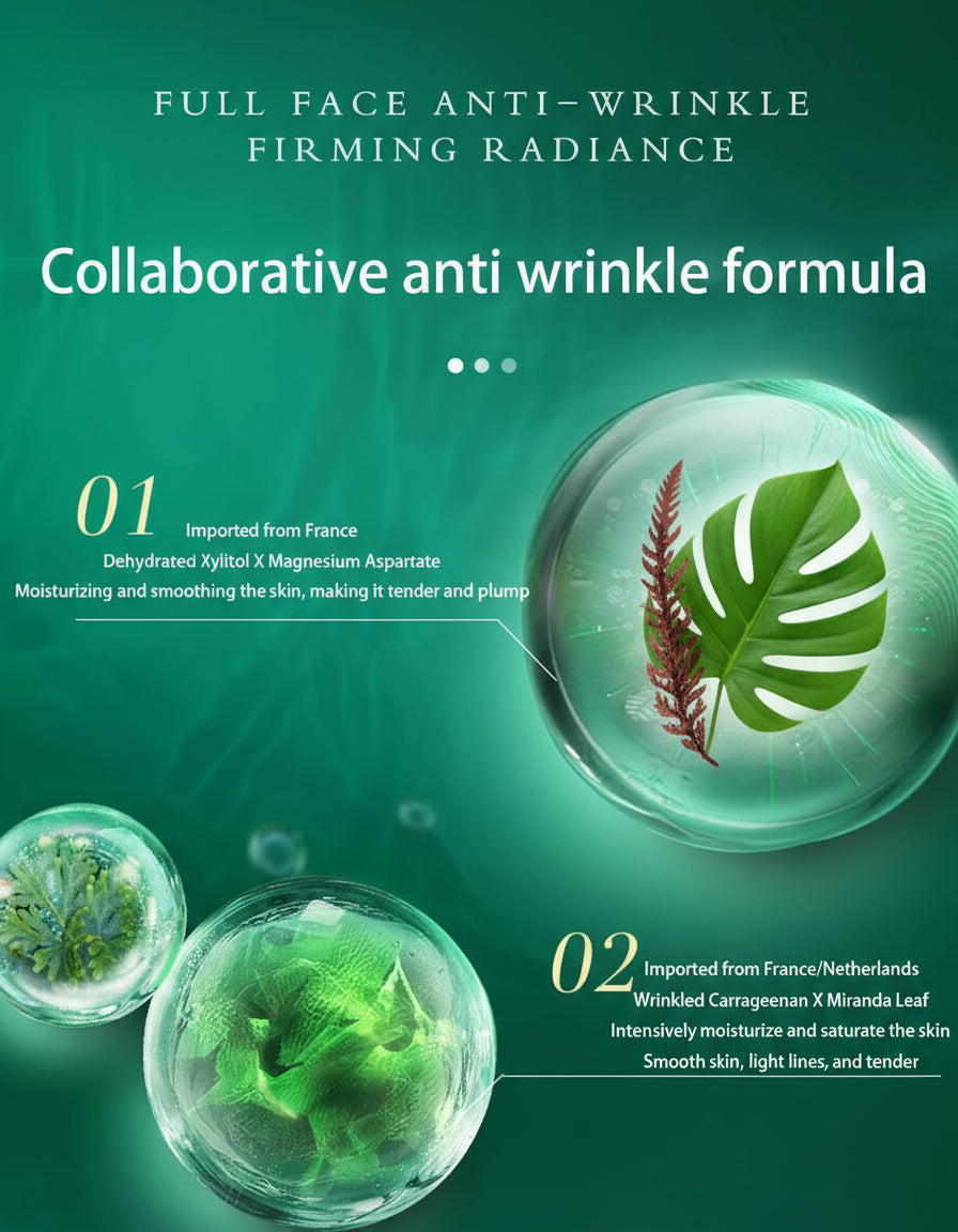 Advertisement for a collaborative anti-wrinkle formula with green spherical graphics on a teal background.