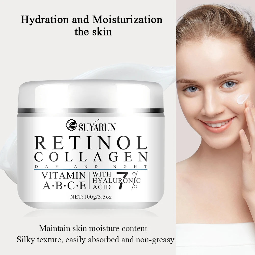Suyarun Retinol Collagen cream jar with a woman applying cream to her face.