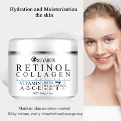 Suyarun Retinol Collagen cream jar with a woman applying cream to her face.