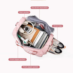 Pink backpack with labeled compartments on a white background