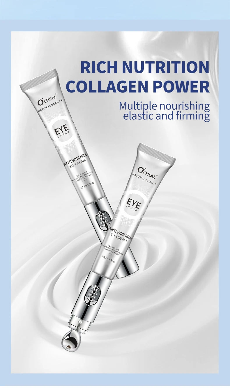 Two Olay eye creams with 'Rich Nutrition Collagen Power' text on a blue background