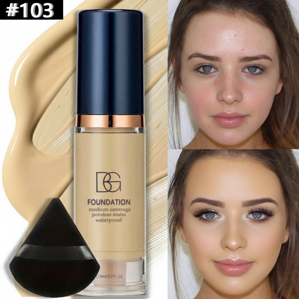 Foundation bottle with applicator, swatch, and before/after makeup application on a woman's face.