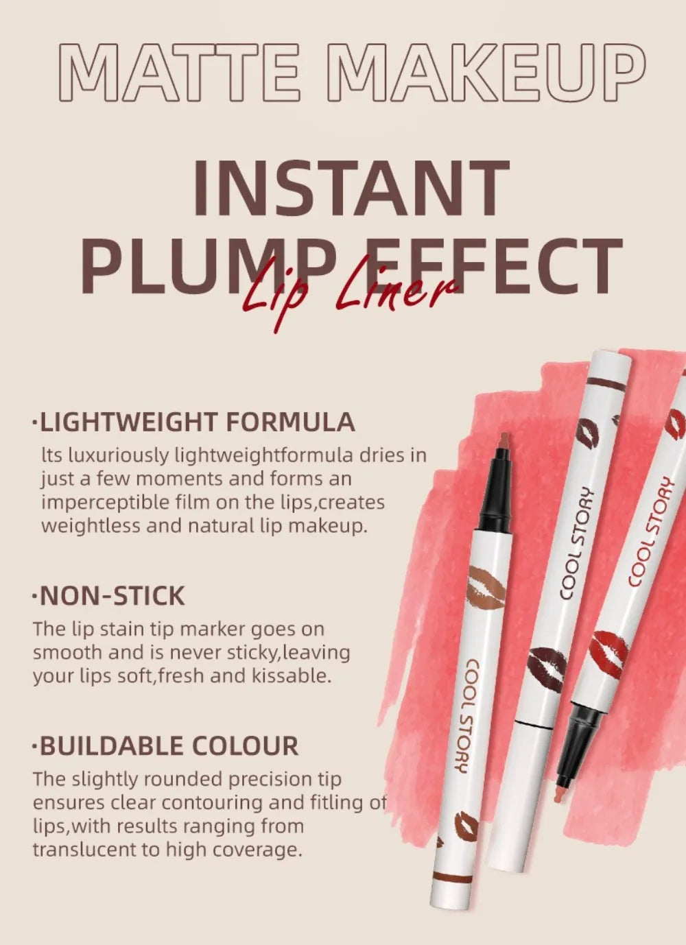 Lip liner with product details on a beige background