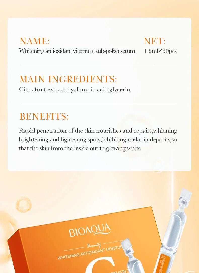 Bioaqua Whitening Antioxidant Vitamin C serum packaging with text on a light yellow background