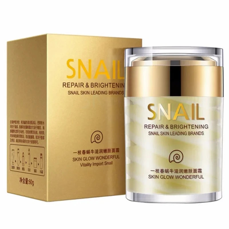 Snail repair and brightening cream with packaging on a white background
