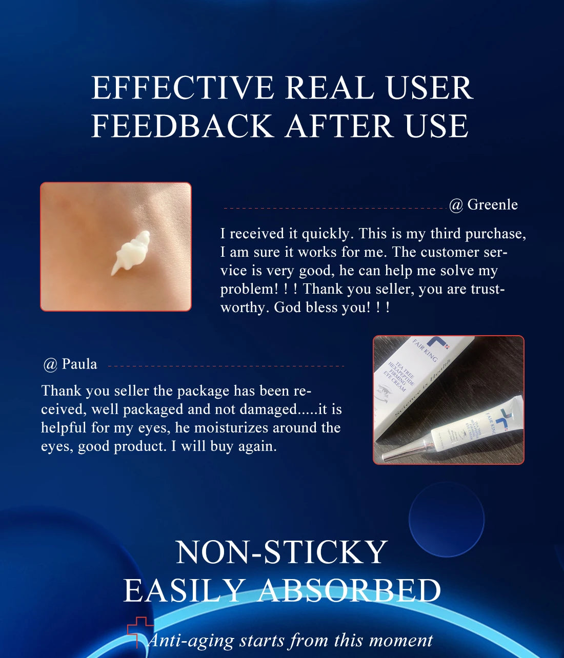 Product feedback with user comments and images on a blue background