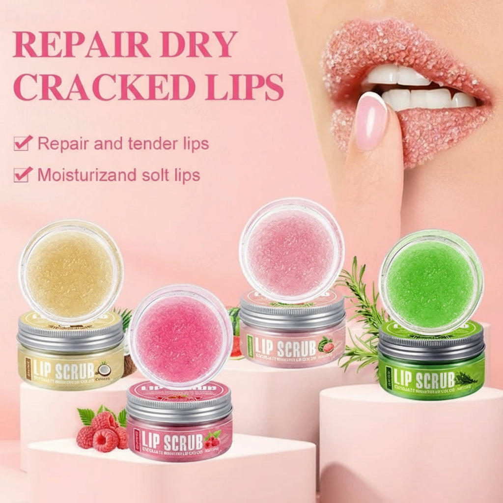 Lip scrubs with a focus on repairing dry, cracked lips on a pink background.