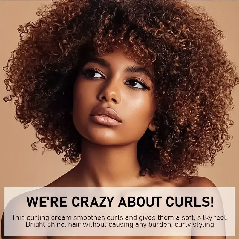 Woman with curly hair on a beige background with text about a curling cream.