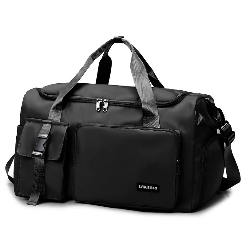 Black duffel bag with visible brand logo on a white background