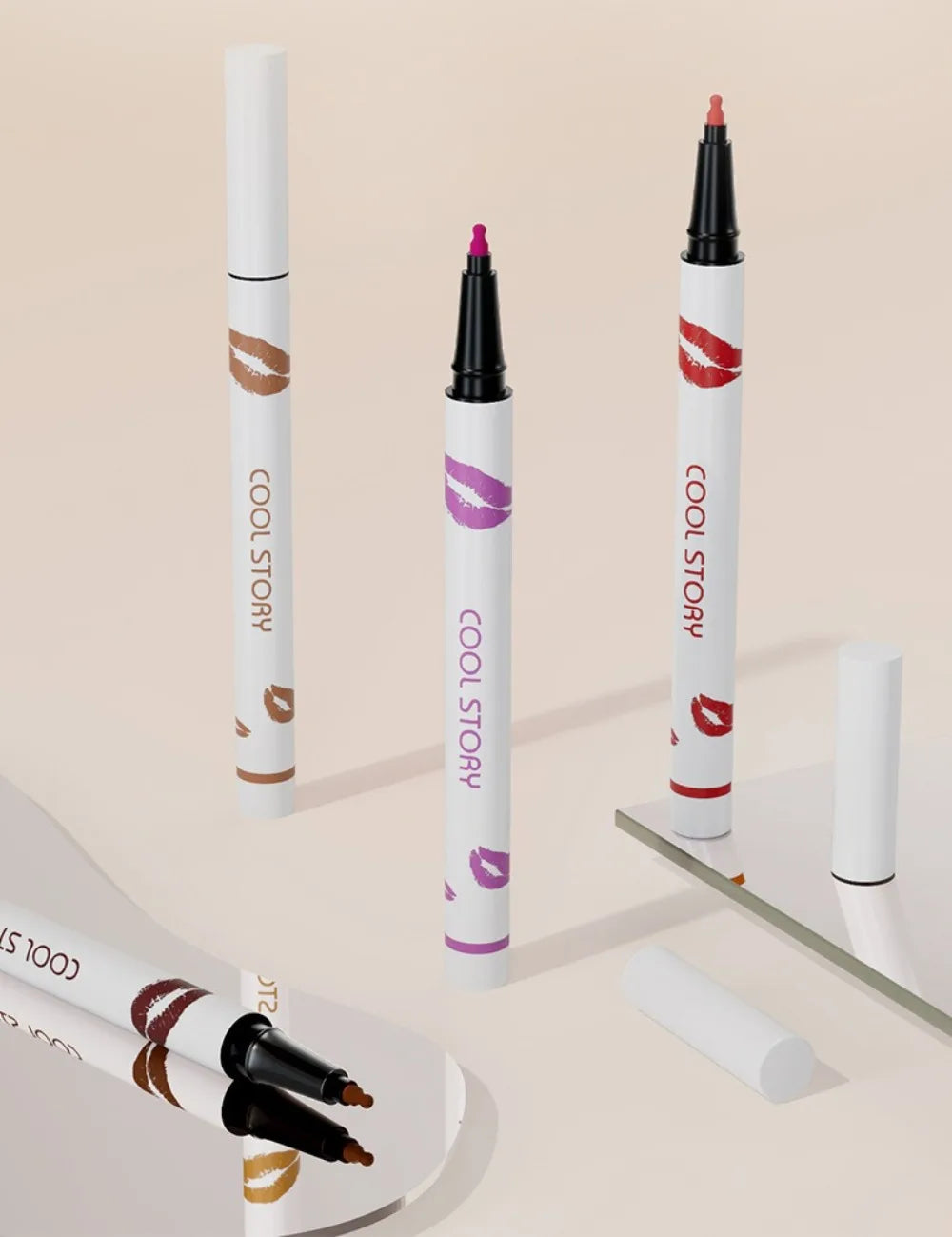 Cool Storm lip liner pens on a beige background