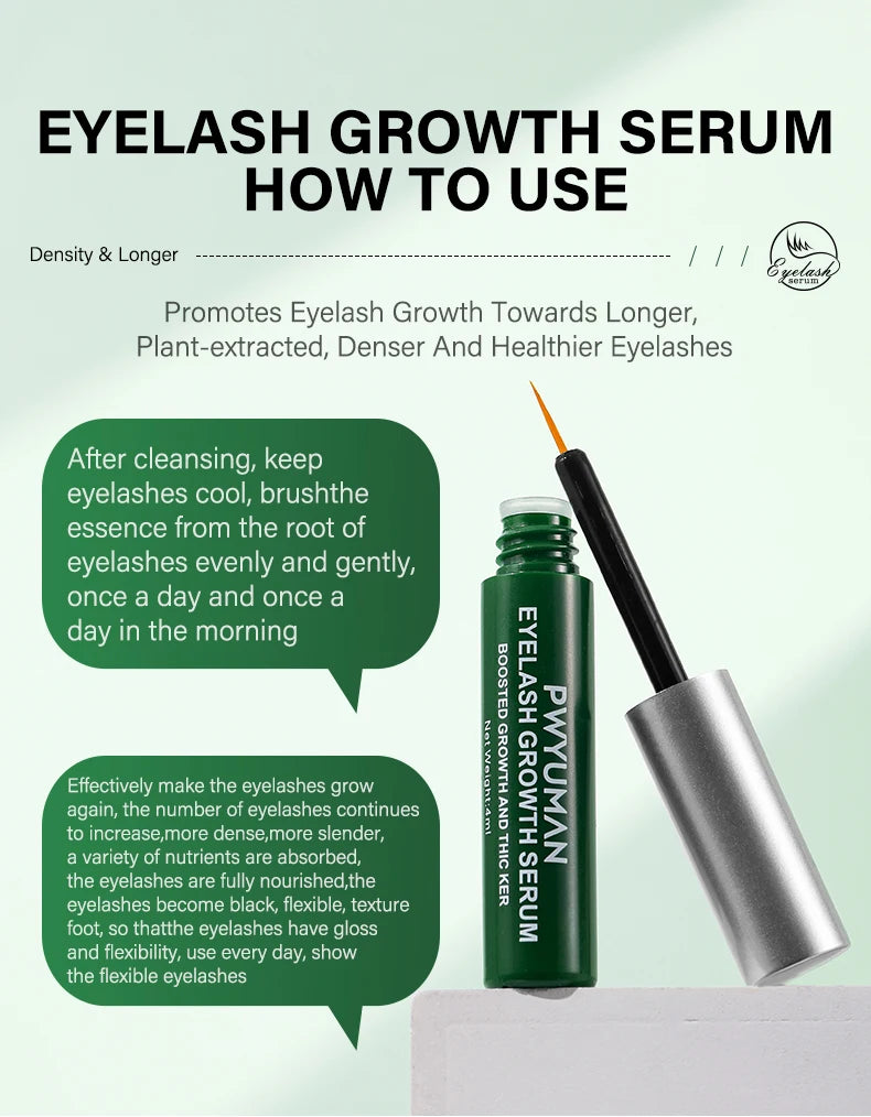 Eyelash growth serum with usage instructions on a light green background