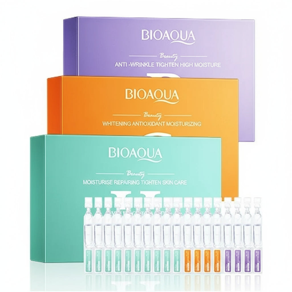 Bioaqua skincare product packaging with ampoules on a white background