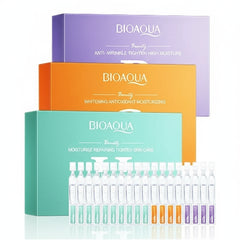 Bioaqua skincare product packaging with ampoules on a white background