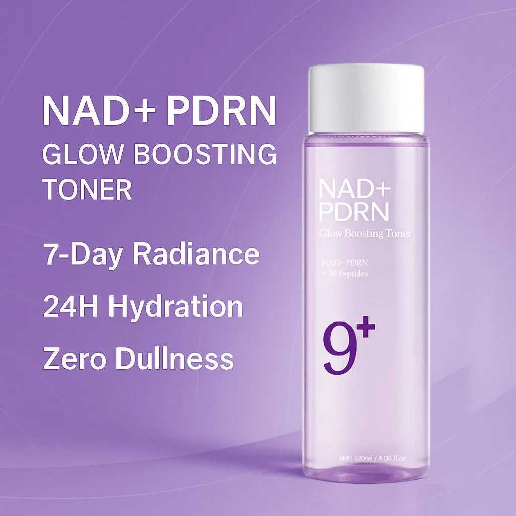 NAD+ PDRN glow boosting toner bottle on a purple background with text highlighting benefits.
