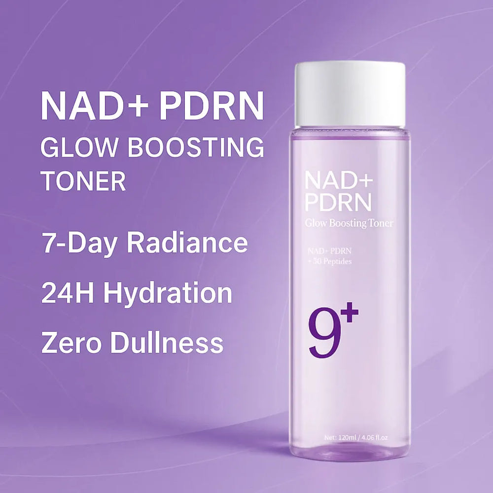 NAD+ PDRN glow boosting toner bottle on a purple background with text highlighting benefits.
