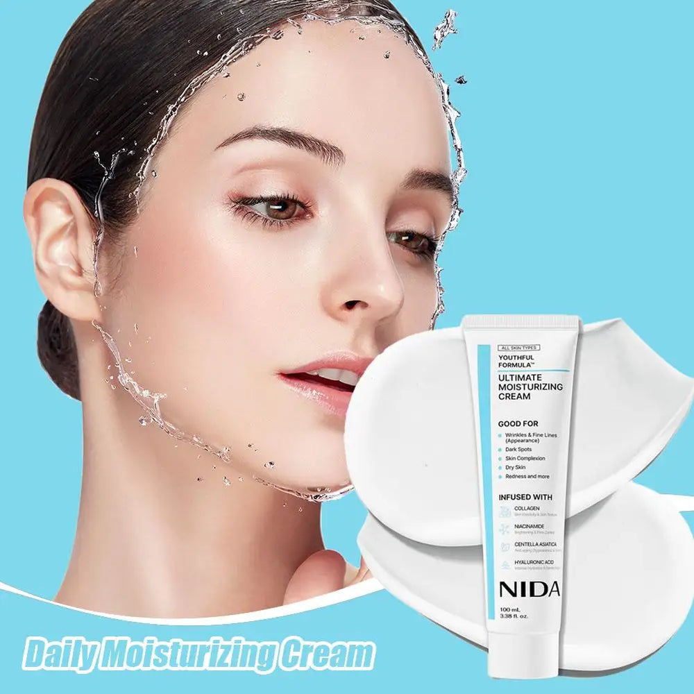 Woman washing her face with a blue background, featuring NIDA Daily Moisturizing Cream.