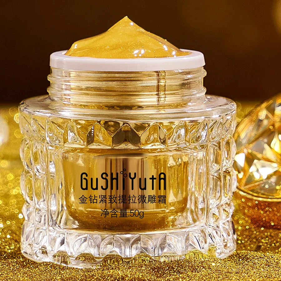 Cosmetic jar with gold cream on a glittery gold background