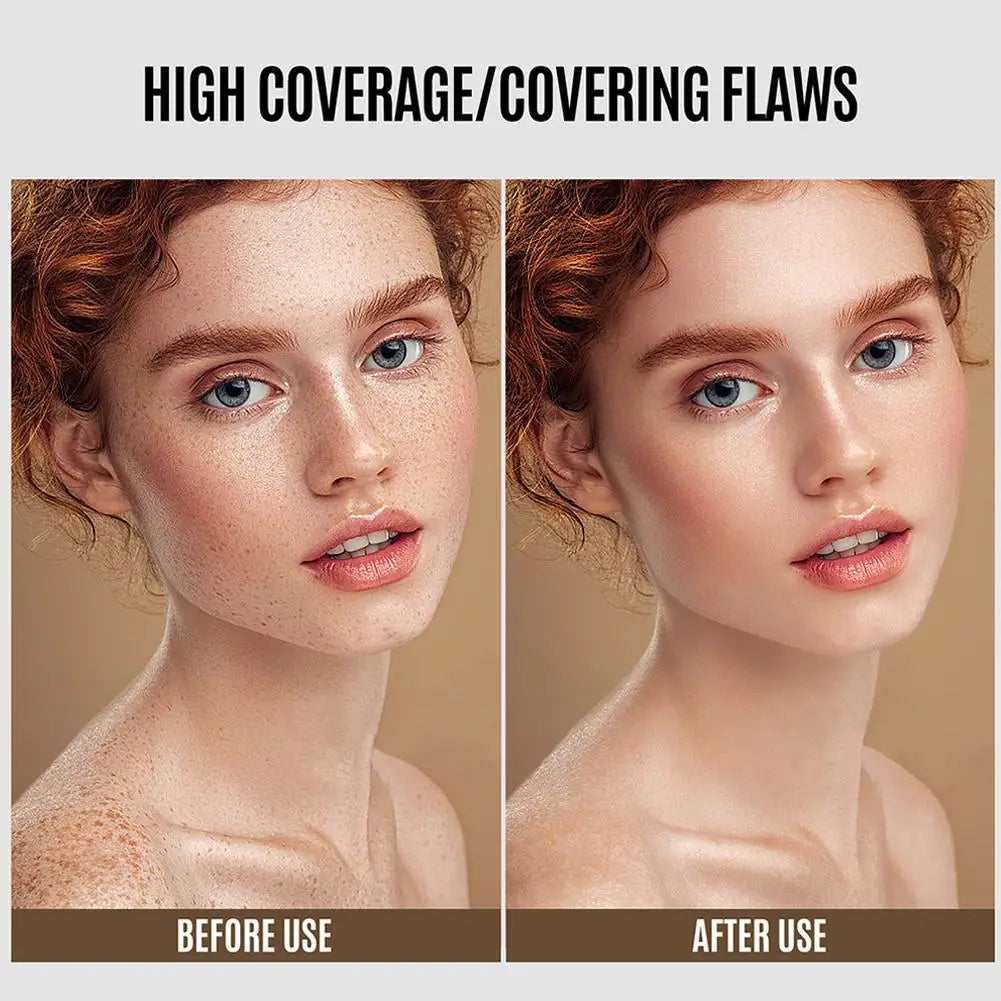 Before and after comparison of a woman's face with high coverage makeup application.