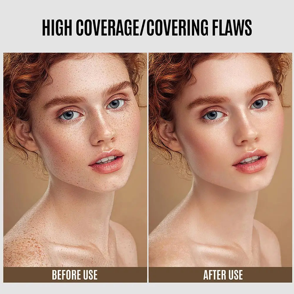 Before and after comparison of a woman's face with high coverage makeup application.