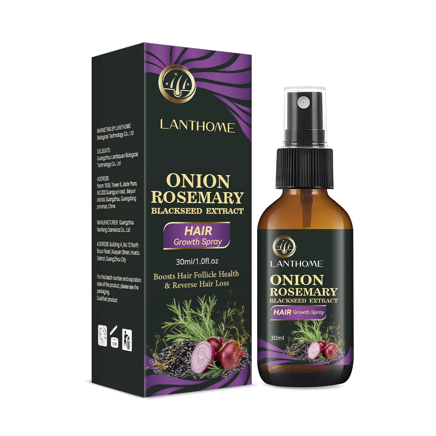 Lanthome Onion Rosemary Blackseed Extract hair growth spray bottle and packaging on a white background