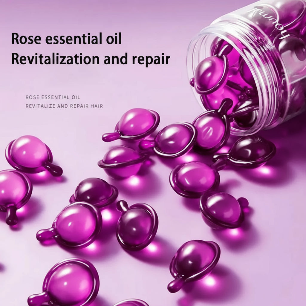 Purple essential oil capsules with a bottle on a pink background, labeled 'Rose essential oil Revitalization and repair'.