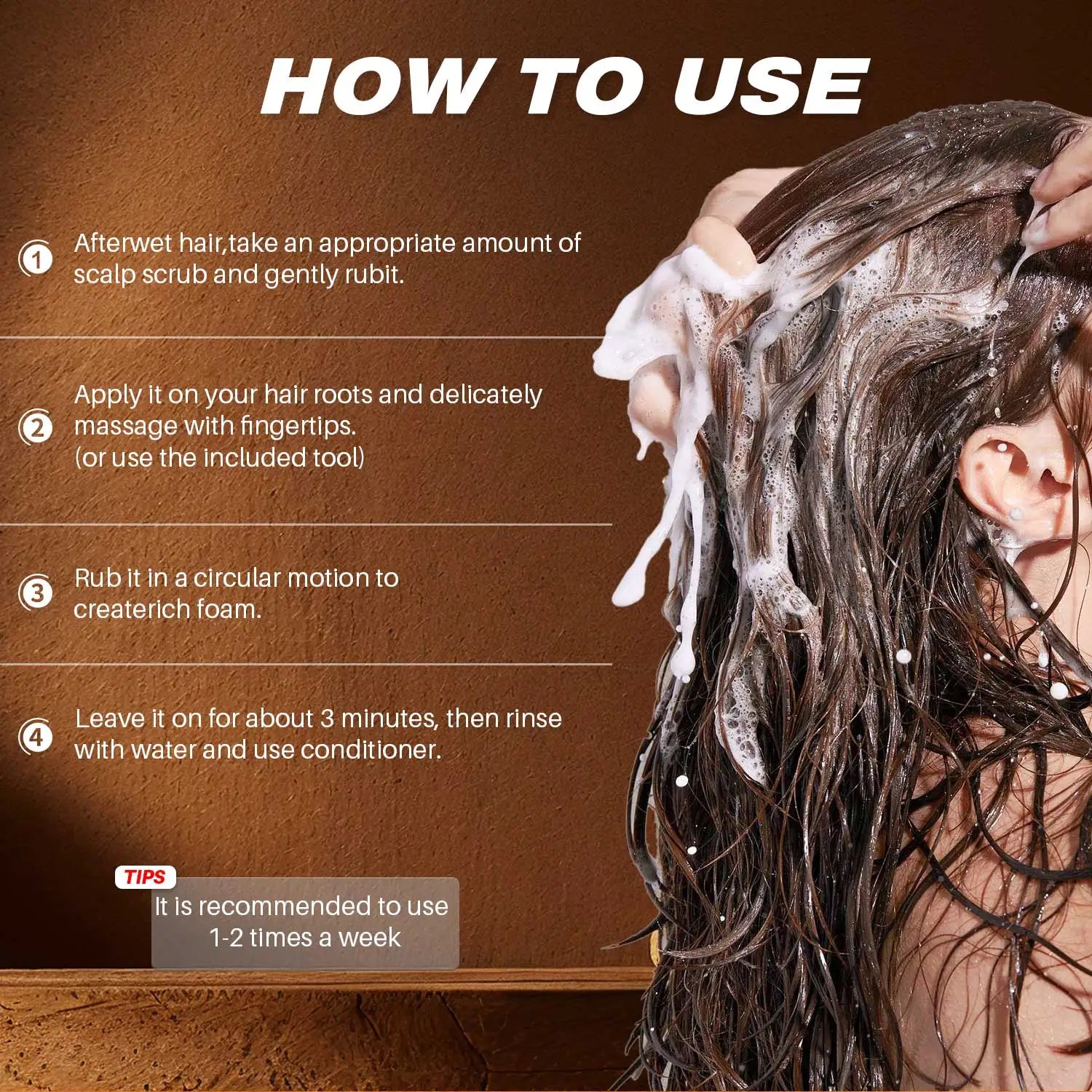 Instructions on how to use a scalp scrub with a person applying it to their hair.