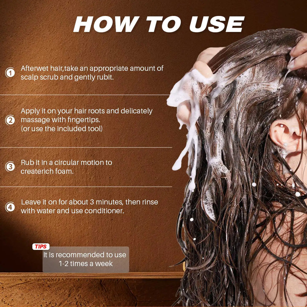 Instructions on how to use a scalp scrub with a person applying it to their hair.
