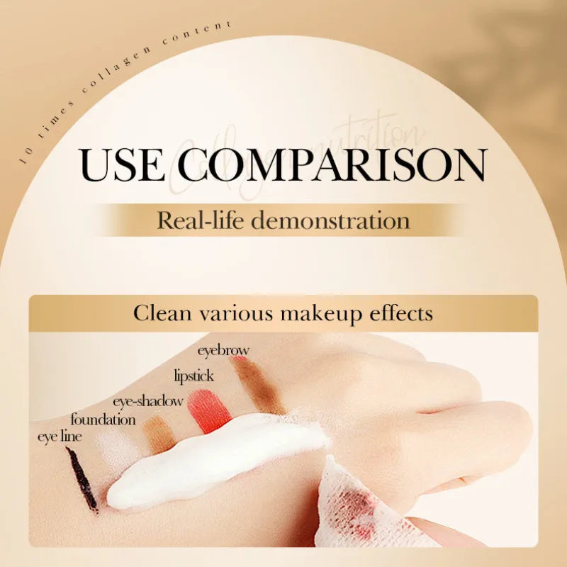 Product packaging with text about use comparison and real-life demonstration of makeup effects.