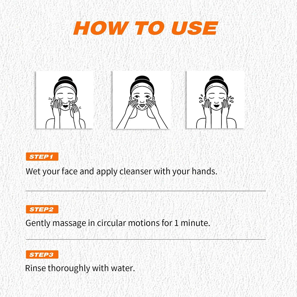 Instructions on how to use a facial cleansing product with step-by-step illustrations and text.