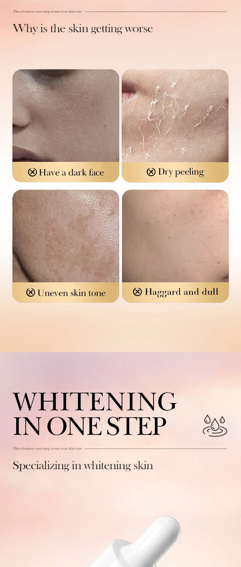 Skincare product advertisement with skin issues and a white applicator on a pink background