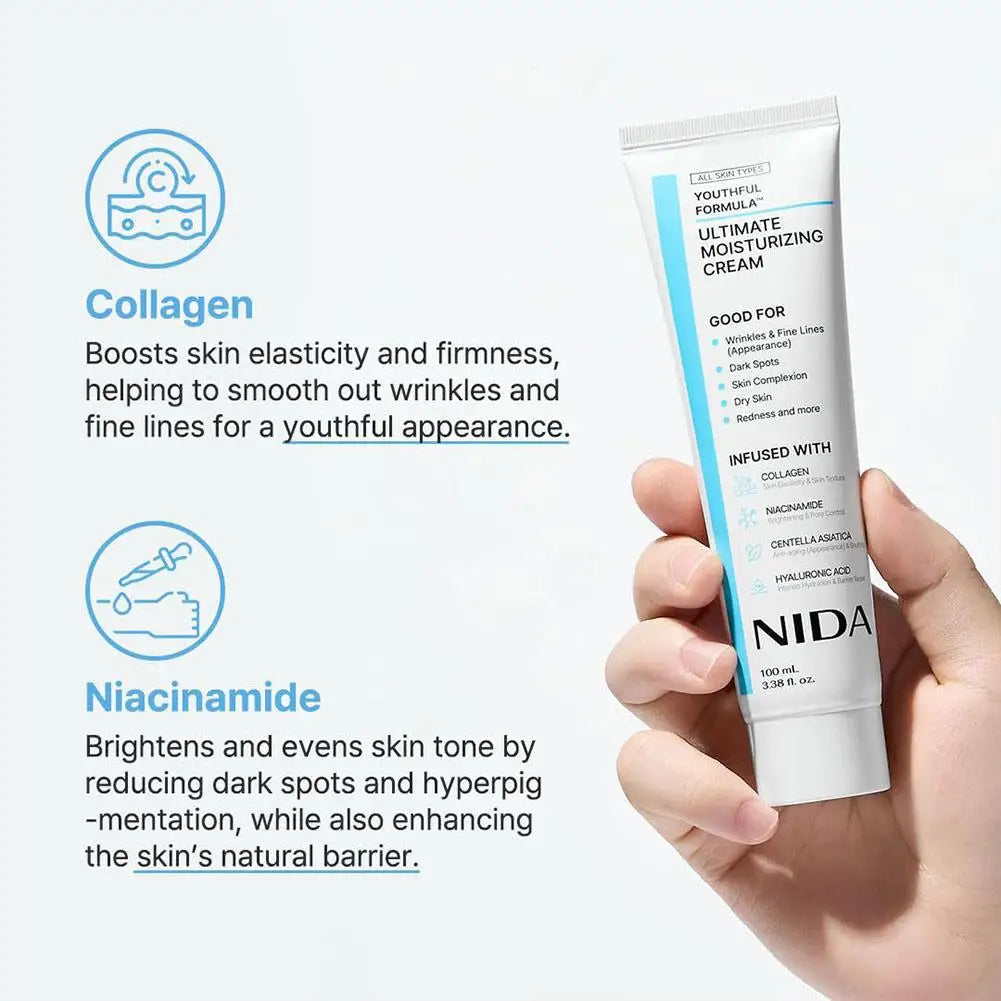 Nida Ultimate Moisturizing Cream tube held by a hand with product details on a white background