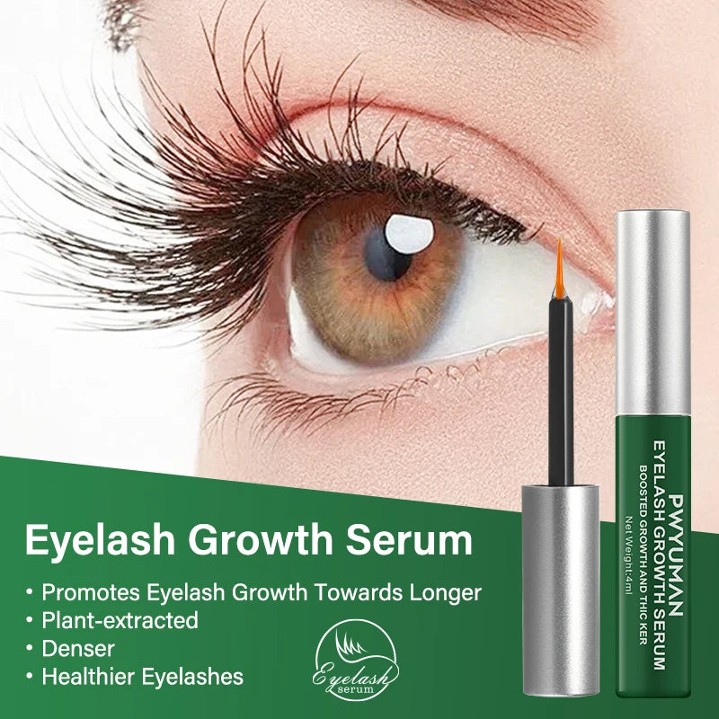 Eyelash growth serum with close-up of an eye and product packaging.