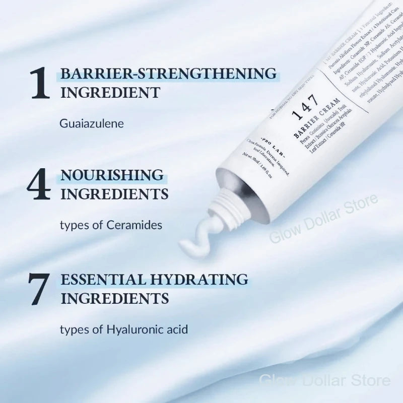 Tube of cream with text detailing ingredients on a light blue background