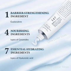 Tube of cream with text detailing ingredients on a light blue background