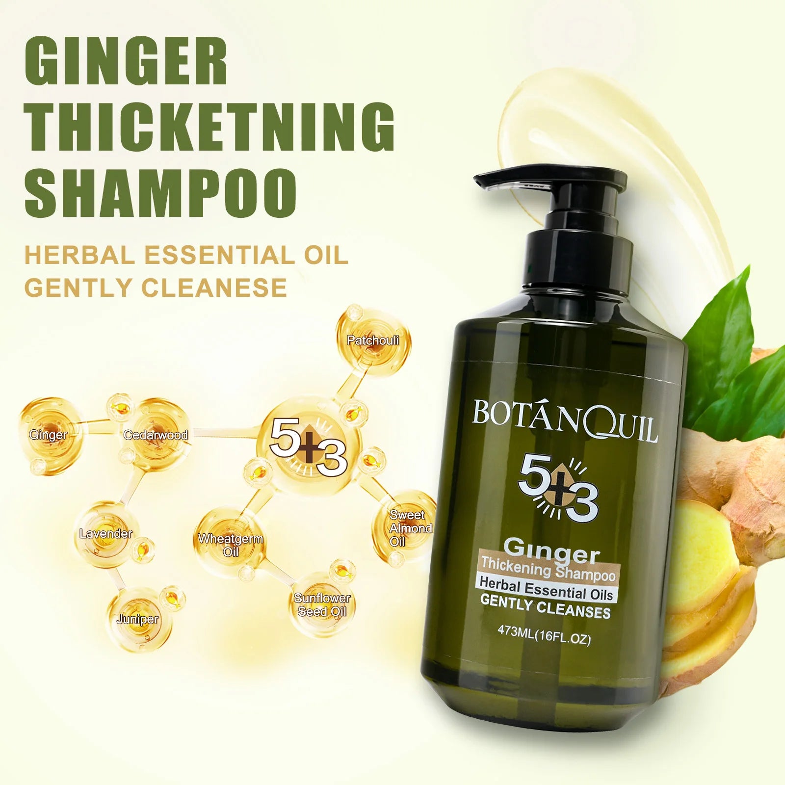 Botanquil Ginger Thickening Shampoo bottle with ginger root and leaves on a light green background
