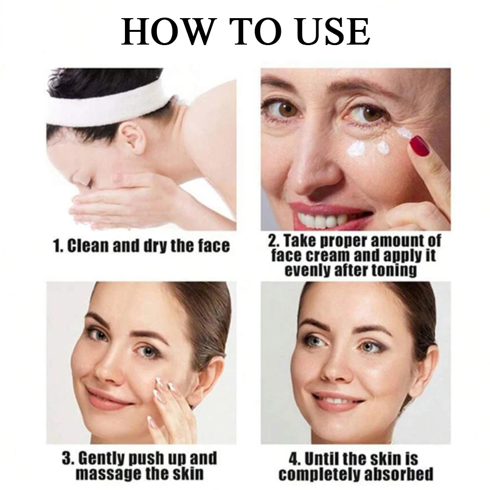 Step-by-step guide on how to use face cream with images of a woman applying it.