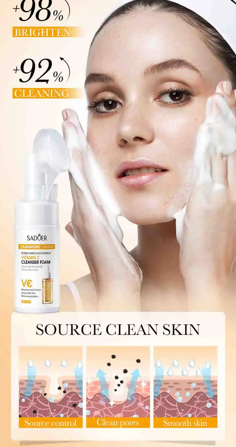 Product advertisement for a skincare cleanser foam with a woman applying it to her face.