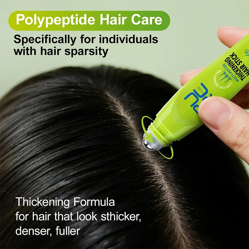 Hair care product being applied to hair with text about polypeptide hair care for hair sparsity.